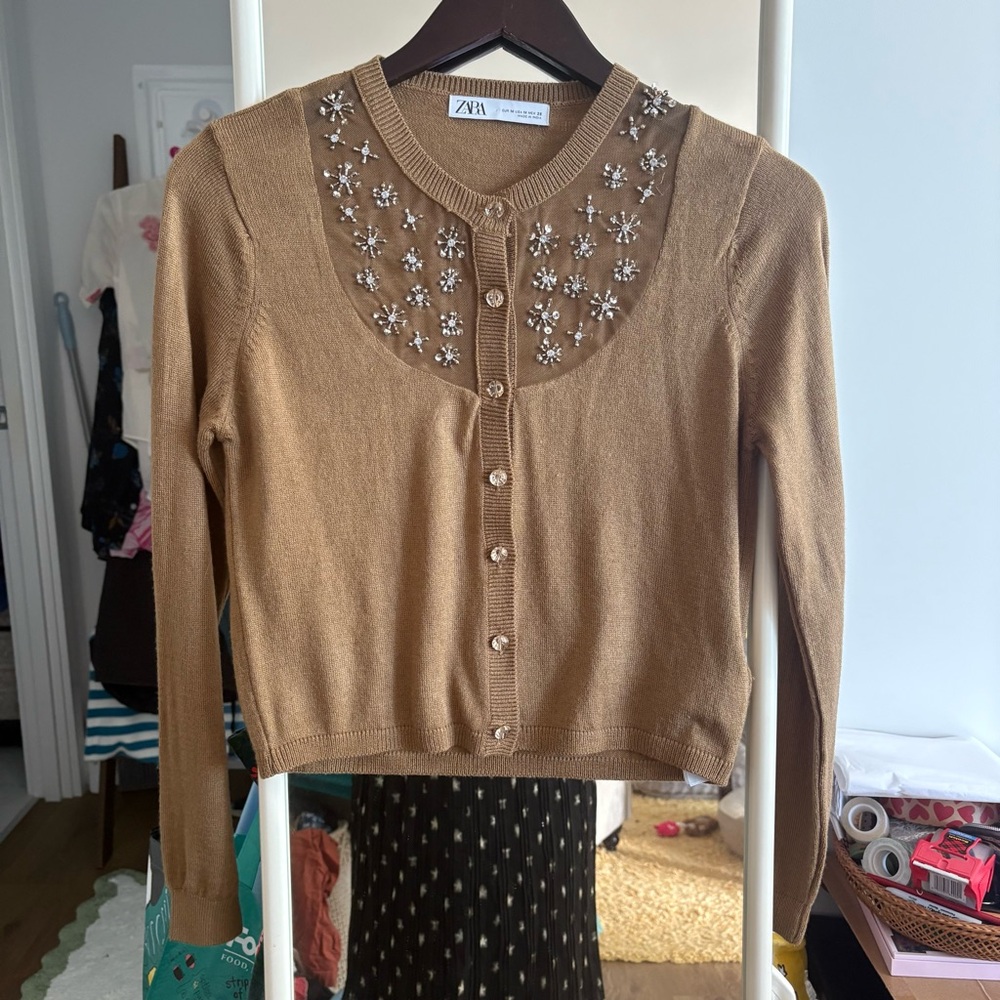 Zara Camel Embellished Neck Cardigan